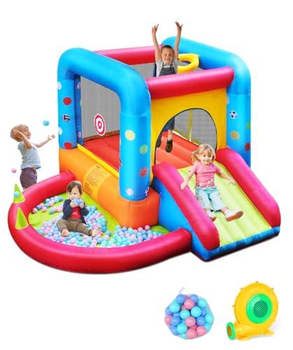 Step4Fun Inflatable Bounce House, Kids Castle Slide Bouncer for Children Jumping Outdoor and Indoor Party, Baby Backyard Water Jumper Toy with Blower, Ball Pit Pool, Ideal Gifts（112 x 98 x 65”）