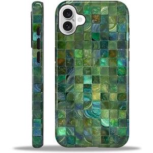 Case for iPhone 16 Case,Green Toned Glass Mosaic Patten Design - Hybrid Dual Protection Silicone + Hard PC Shockproof Full Body Cover Slim Anti-Scratch Protective Case for Men Women