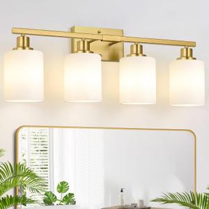 MOKATNG 4-Light Bathroom Light Fixtures, Brushed Gold Vanity Light with Milky White Shades, Bathroom Lighting Fixtures Over Mirror, Modern Bathroom Wall Lamp for Mirror Living Room Cabinet Bedroom