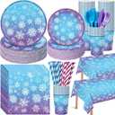 Funnymoom 452 Pcs Snowflake Party Decorations Purple Blue Wonderland Disposable Paper Plates Napkins Cups Tablecloth Cutlery Straws for Holiday Birthday Party Supplies