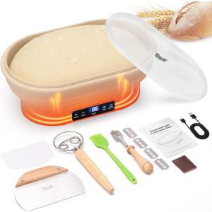 Upgraded Sourdough Starter Warmer, Precise 6 level Thermostat Control (77-122F) Silicone Sourdough Warming Bowl, Auto Warming On/Off, 6-Hour Timer Sourdough Warmer with Sourdough Starter Kit (Oval Warmer Set)