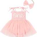 Baby Girls 1st Birthday Outfit Spaghetti Straps Romper Tutu Dress Headband One Year Old Party Cake Smash Photoshoot Outfits Light Pink 12-18 Months