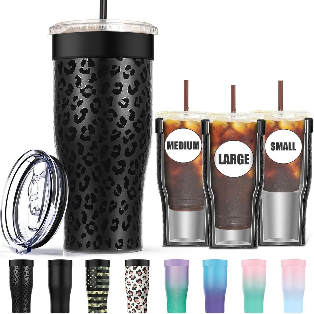 Universal Iced Coffee Sleeve - Upgraded Double Wall Reusable Stainless Steel Holder Sleeves Insulator for Cold Drinks Fits Starbucks Dunkin Donuts McDonalds Small Medium Large Cup (Black Leopard)