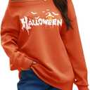 Womens Off the Shoulder Sweatshirt Long Sleeve Pullover Tops Oversized Sweatshirts Trendy Fall Outfits (Orange, M)