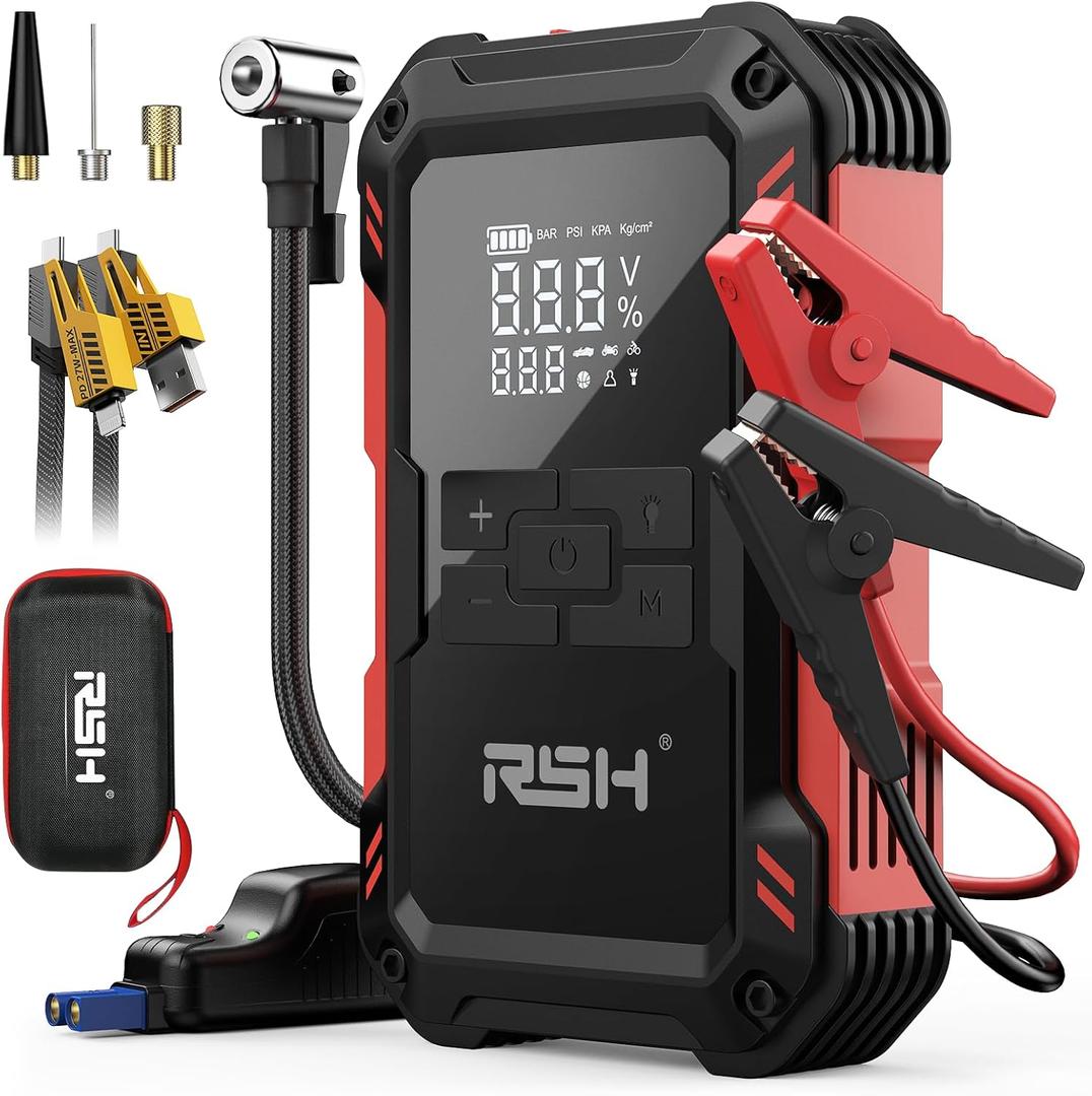 Car Jump Starter with Air Compressor 4000A Peak Battery Jump Starter 14.8V 150PSI Inflator Auto Booster 15000MA Jump Box (up to 10L Gas,8L Diesel Engine),LED Light with Quick Charger USB & Type C