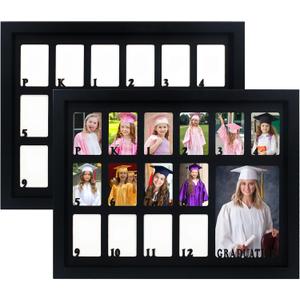 School Years Picture Frame Pre-K to 12, School Picture Frame Black Frame with Black Mat, Displays One 5x7 Photo and Fourteen 2.5x3.5 Pictures,Graduation Gift Souvenirs, 2 Pack
