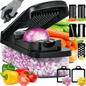 Vegetable Chopper Slicer Food Chopper with Container Veggie Dicer Cutter Salad Chopper Mandoline Slicer Cheese Grater Includes Hand Guards and Gloves & Kitchen Gadgets (Black)