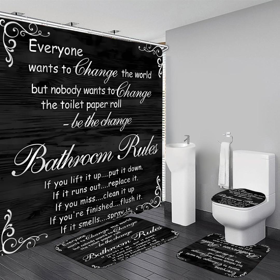AZHM Black Spellbook Shower Curtain Set Home Bathroom Set with Shower Curtain and Rugs and Accessories Bathroom Decor
