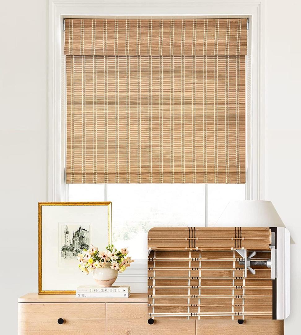 LazBlinds No Tools No Drill Cordless Bamboo Roman Shades, Light Filtering Window Treatment, Roll Up Bamboo Blinds for Windows 32'' W x 48'' H, Brown