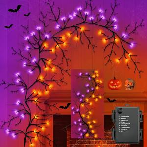 6 Ft 54LED Halloween Garland with Lights, Orange Purple Willow Vine Twig Garland Battery Operated Indoor Outdoor Fireplace Table Wall Home Party Halloween Decor