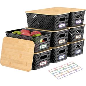 Anysig 8 Packs Plastic Storage Bins with Bamboo Lids  Stackable Storage Bins Decorative Small Basket Containers for Organizing Shelves Office Classroom Desktop Closet, Black