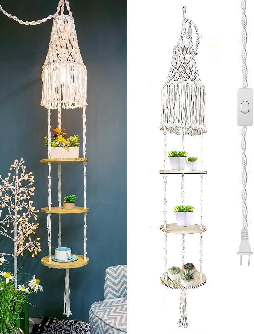 Macrame Lamp Shade and Hanging Plant Holder Shelf Indoor for Boho Bedroom Decor Plug in Pendant Light Hanging Light with Plug in Cord and Switch for Bohemian Office Corner Reading Light (Cream