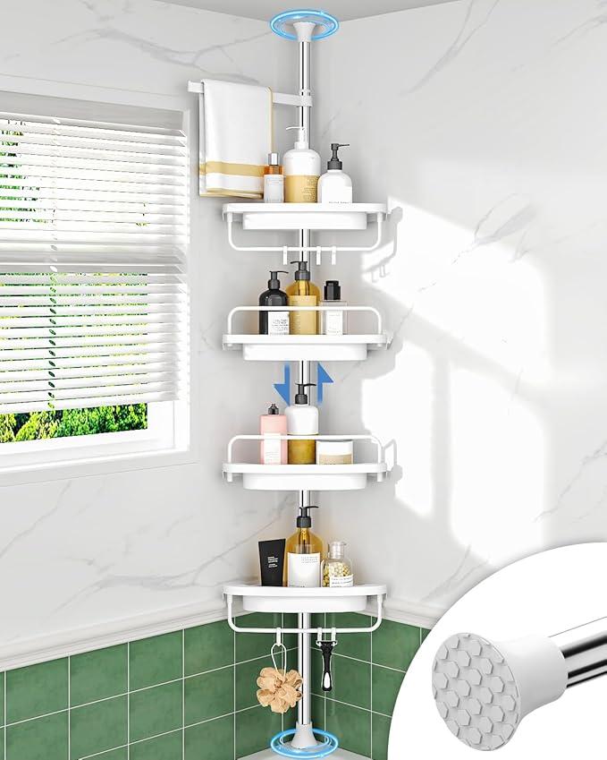 ALLZONE Rustproof Shower Caddy Corner for Bathroom,Bathtub Storage Organizer for Shampoo Accessories,4-Tier Adjustable Shelves with Tension Pole, 56 to 114 Inch, White
