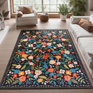 Joiedomi 5'x7' Area Rugs for Living Room Non-Slip Washable Rug with Rubber Backing Large Soft Boho Floral Carpet for Bedroom Kids Nursery Dining Room (Black)
