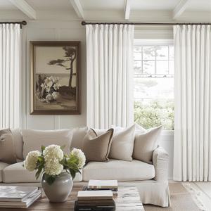 Extra Wide Pinch Pleat Curtains 84 Inches Long for Patio Sliding Glass Door Ivory Linen 60 Inch Wide Curtain Memory Trained Pleated Drapes with Hooks Rings Semi Sheer 60x84 Curtain for Large Window