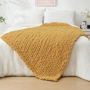 Bigacogo Chunky Knit Throw Blanket for Couch, 40x60 inches, 100% Hand Knitted with Thick Jumbo Chenille Yarn, Cozy Soft Large Rope Knot Cable Crochet Blankets for Sofa Bed Living Room, Mustard Yellow