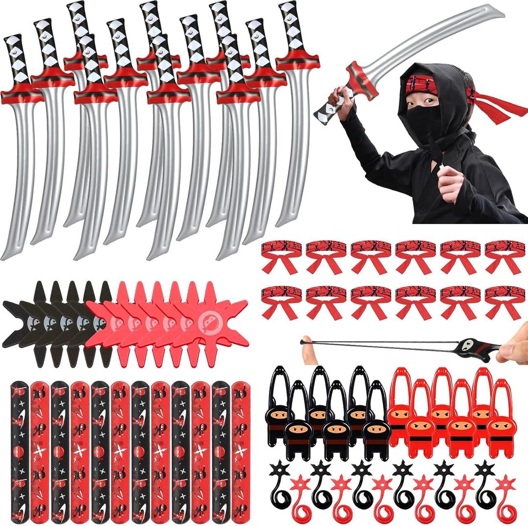 Jacyan 72Pcs Karate Party Favors Include Inflatable Sword Headbands Karate Party Decorations Slap Bracelets Costume Accessories Gift Set for Kids Boys Girls Birthday Supplies (Red, Black)