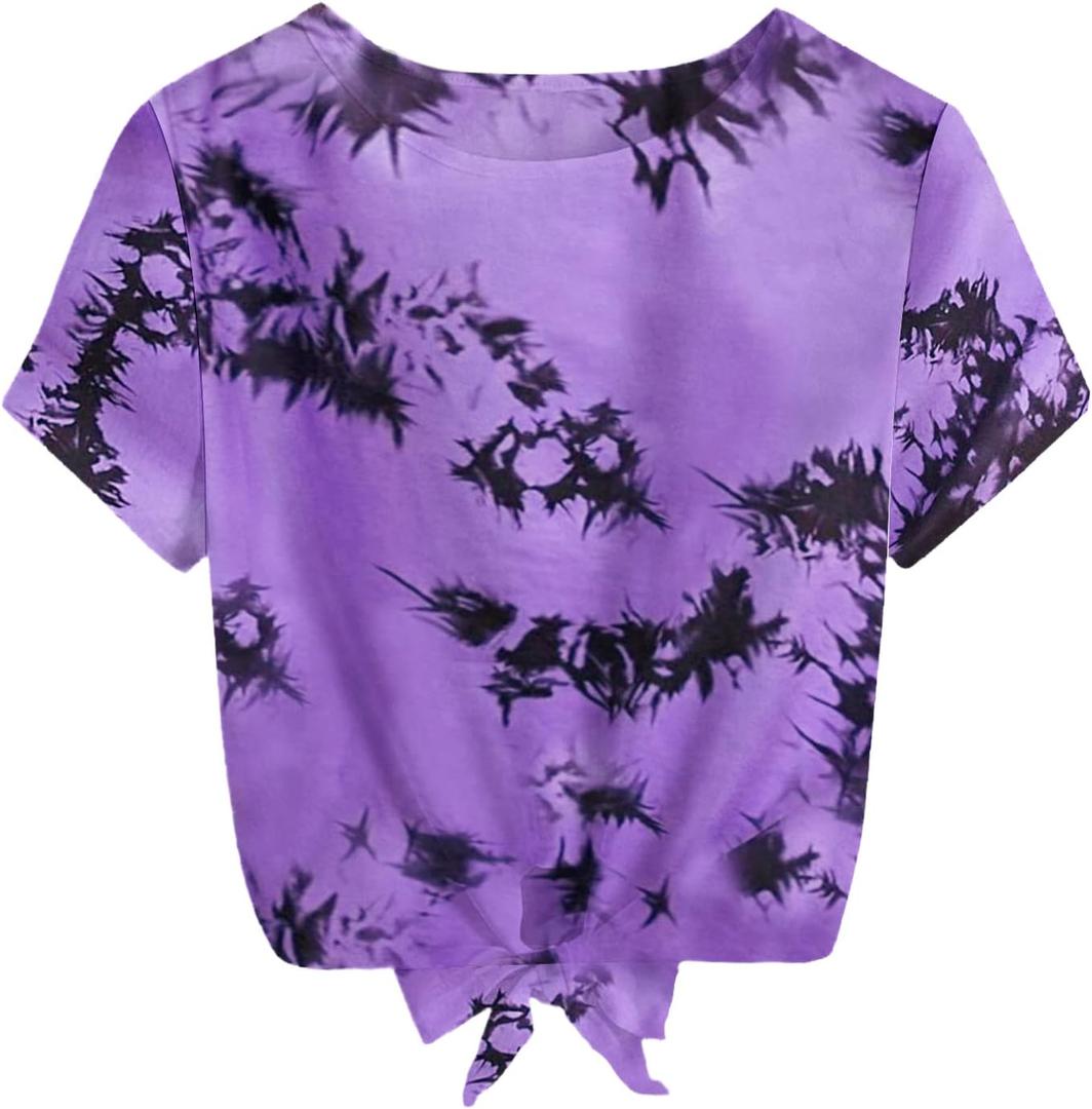 Girls Short Sleeve Shirt Cute Tie Dye Purple Casual Crop Tops Blouse Size 10-12 (Purple)