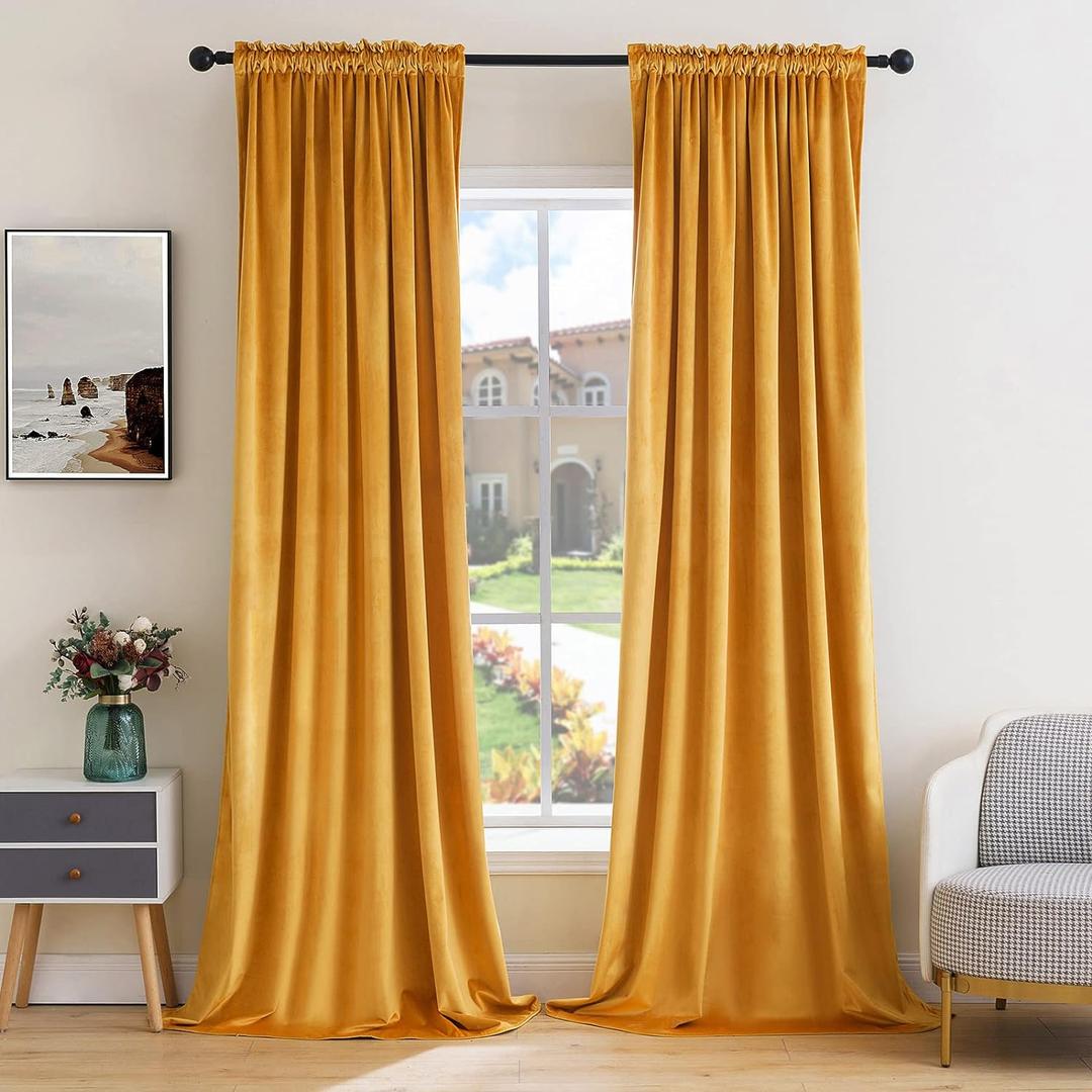 MIULEE Mustard Yellow Velvet Curtains Thermal Insulated Blackout Curtain Fall Drapes for Bedroom Living Room Darkening 96 Inches Long Curtains Panels Rod Pocket Set of 2, 52"W x 96"L
