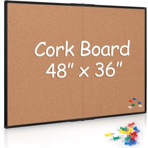 Cork Board Bulletin Board 36 x 48, Foldable Notice Pin Board for Wall, Black Aluminum Framed 4x3 Corkboard, Large Wall Mounted Office Board with 36 Push Pins for School & Home