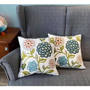 Flower Embroidered Pillow Covers 18x18 Summer Throw Decorative Pillowcases Colorful Farmhouse Plant Cushion Covers for Couch Sofa Bed Living Room Picnic 2 Pcs