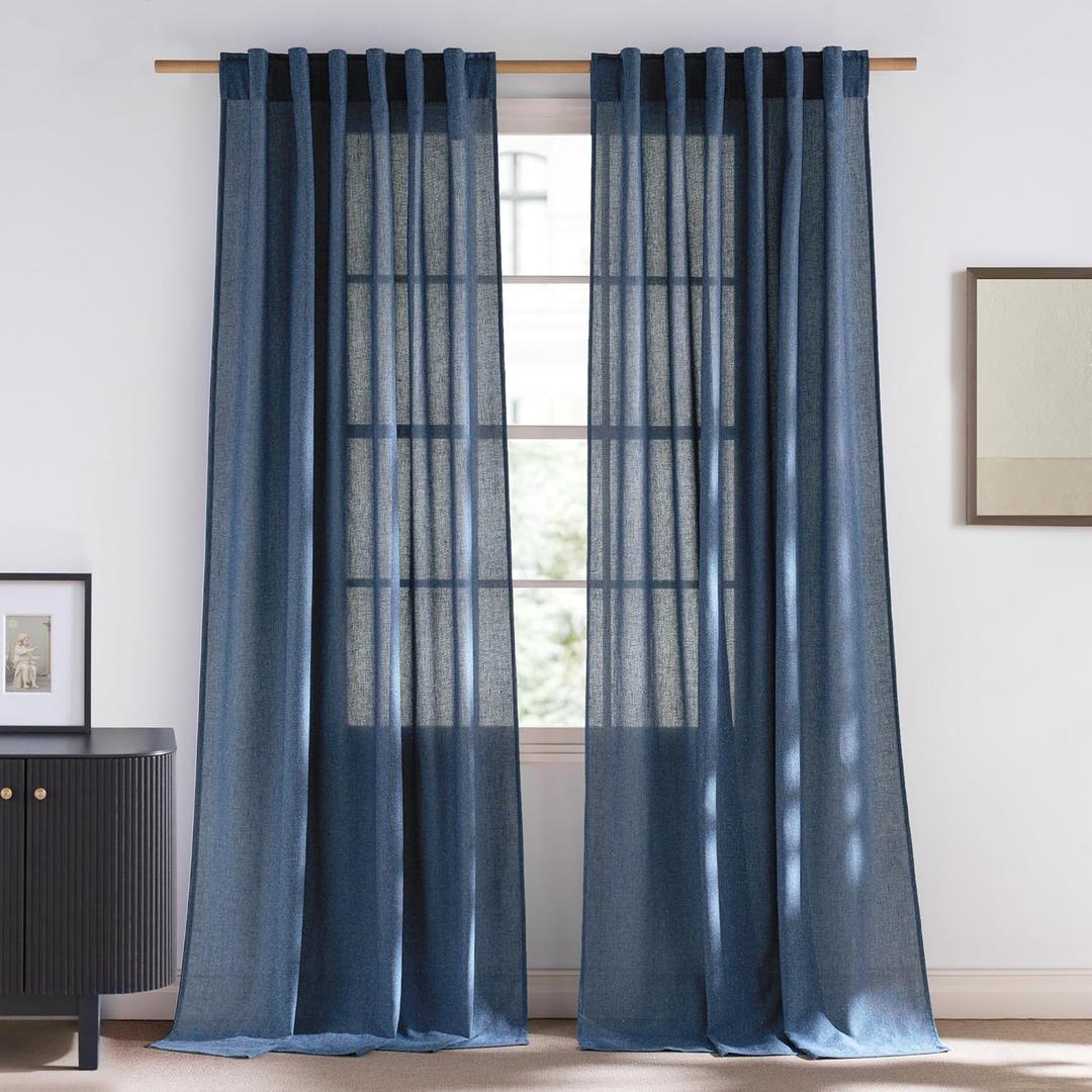 NICETOWN Thick Linen Navy Blue Curtains 96 inches Long, Rod Pocket & Back Tab Flax Semi-Sheer with Light Filtering Window Treatments Privacy Assured for Living Room, W55 x L96, 2 Panels