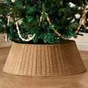 Rustic Farmhouse Christmas Tree Collar - 28Inch Woven Wicker Tree Base Stand Cover for Artificial Trees - Holiday Decoration Ring Skirt Basket for 6ft 7.5ft 9ft Tree, Natural & Stable