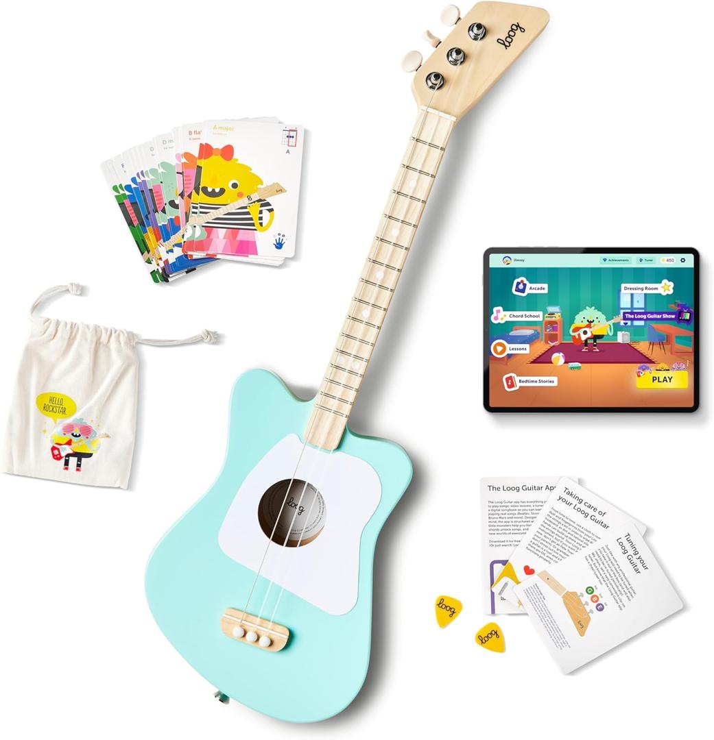 Loog Mini Acoustic kids Guitar for Beginners 3-strings Ages 3+ Learning app and lessons included (Green)