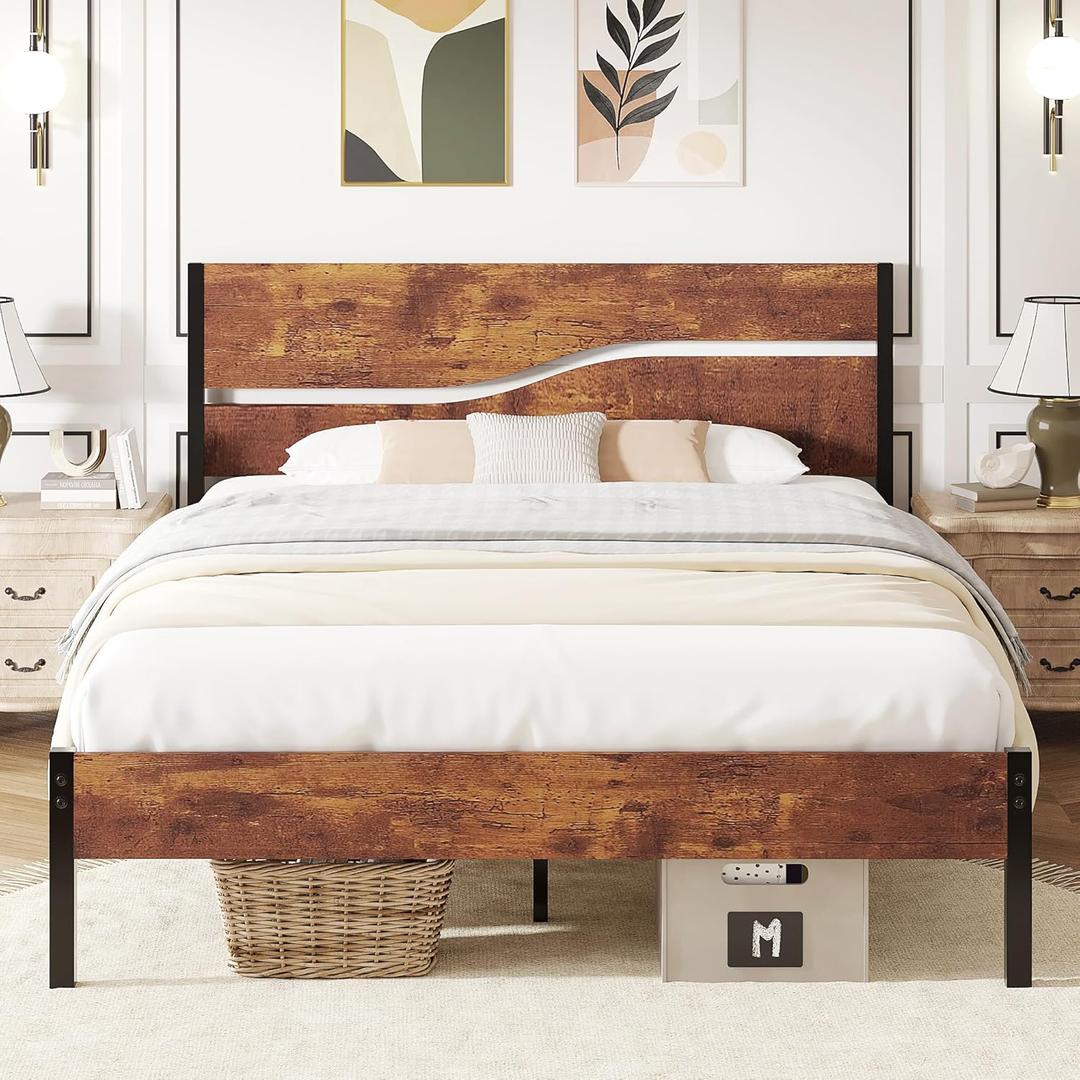 VECELO Full Size Bed Frame with Headboard Wood, Solid and Strong Metal Platform Support, No Box Spring Needed (Rustic Brown)