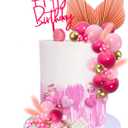 MEMOVAN 29pcs Flower Boho Cake Topper Ball Cake Decorations Hot Pink Gold Balls Palm Leaves Artificial Plants Cake Decor for Girl Bohemian Hot Pink Princess Theme Wedding Baby Shower Birthday Party