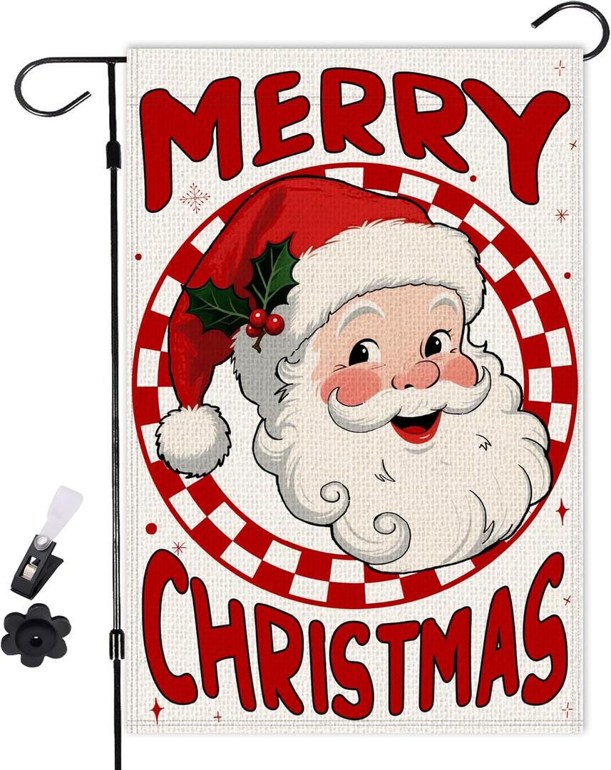 Merry Christmas Garden Flags 12x18 inch Double Sided, Burlap Holiday Red Yard Flags Christmas Decorations for Outside