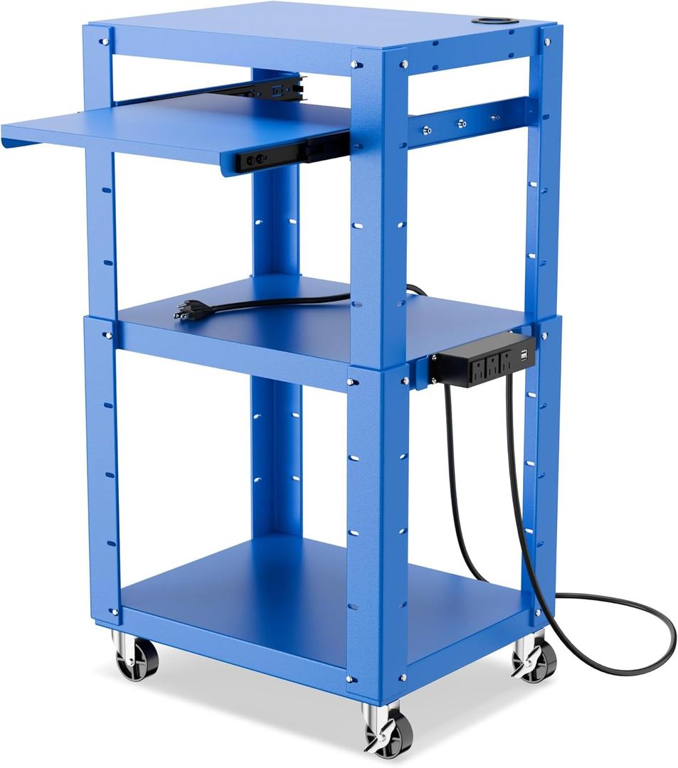 AV Presentation Cart Stand with Power Strip and Casters, Rolling Presentation and Media Cart on Wheels, Metal Construction, with Adjustable Shelves, 4 Wheels, 3 Outlets, 16.5ft Cord, Blue
