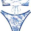 seamoly Sexy Blue Gingham Bow Decor Ruched Backless Lace Up Bandeau Bikini Set Strapless Swimsuits for Women
