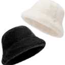 Fluffy Faux Fur Winter Bucket Hat for Women and Men - Solid Color Fisherman Cap, Soft Warm Plush Winter Hat with Foldable Brim for Cold Weather (Black)