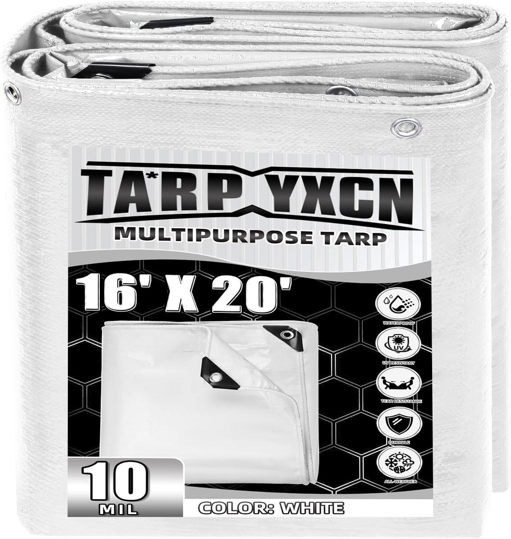 White Tarp 16x20 Feet, 10 Mil Thick Waterproof Poly Tarps Cover UV Resistant, Rip & Tear Proof with Metal Grommets Every 20 Inches