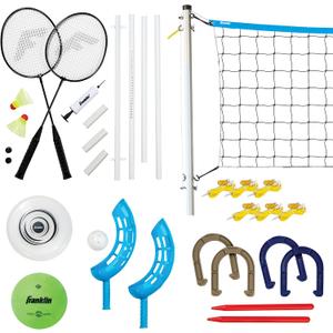 Franklin Sports Fun 5 Combo Outdoor Game Set - Backyard, Beach + Camping Games for Kids - Badminton, Volleyball, Flip Toss, Flying Disc - Horseshoes or Ring Toss,Blue Combo Set