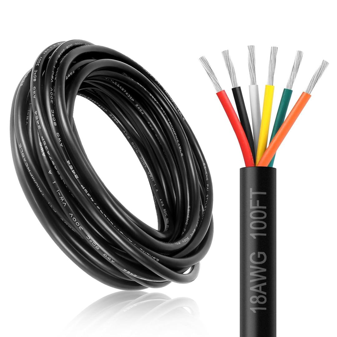 18 Gauge 6 Conductor Electrical Wire, 100FT 18AWG Black PVC Stranded Tinned Copper 6 Wire Cable, 18/6 Cord Extension Cable