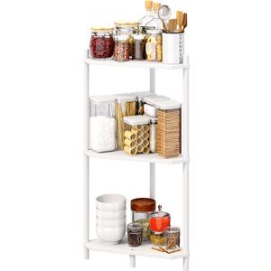 Wisuce Corner Shelf Stand  3 Tier Bamboo Small Corner Bookshelf for Office Kitchen Bedroom Plant Stand Living Room Decor Small Space (White)