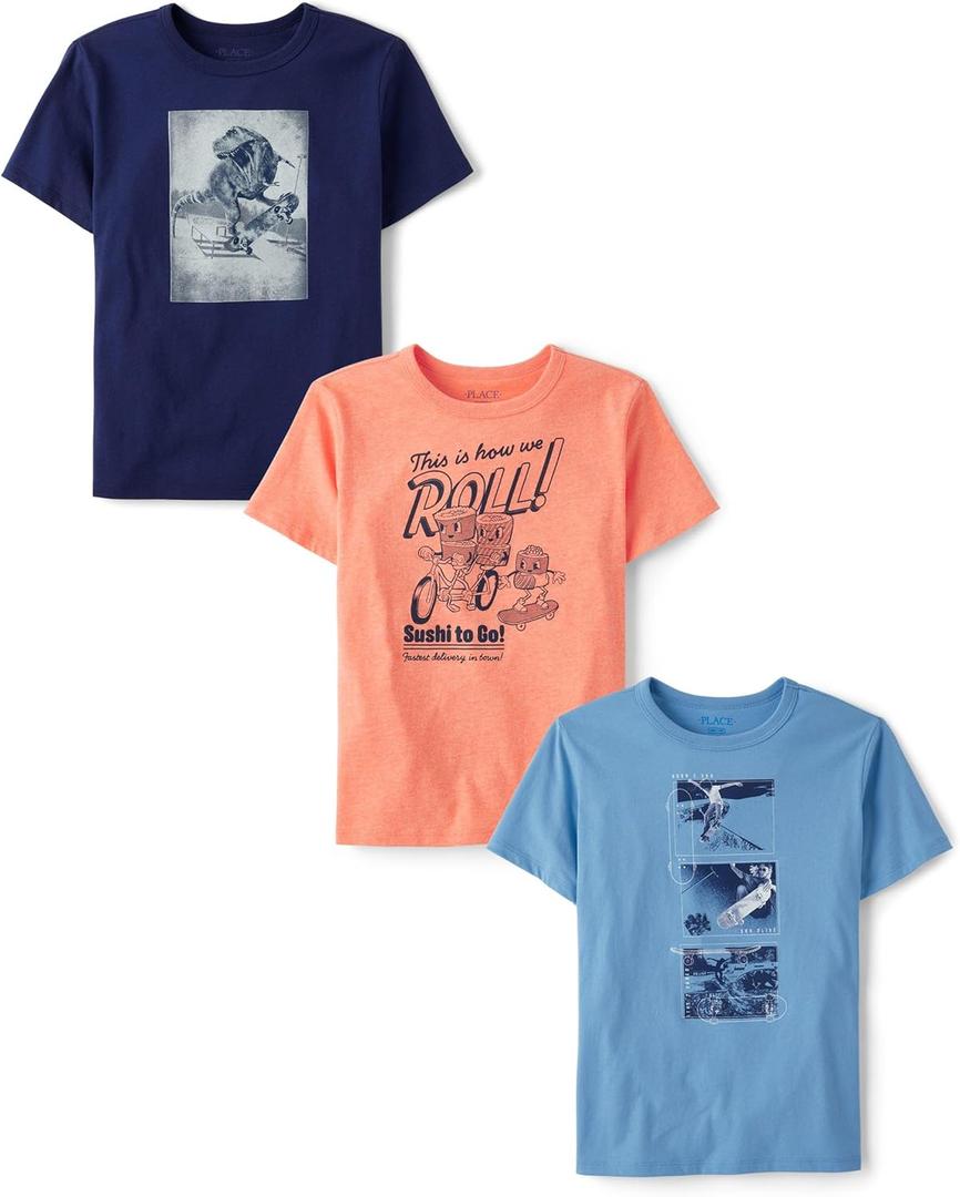 The Children's Place, Boys, Gamer, Sports Short Sleeve Graphic T-Shirts, 3 Pack, We Roll!/ Dino/ Skateboarder, Small
