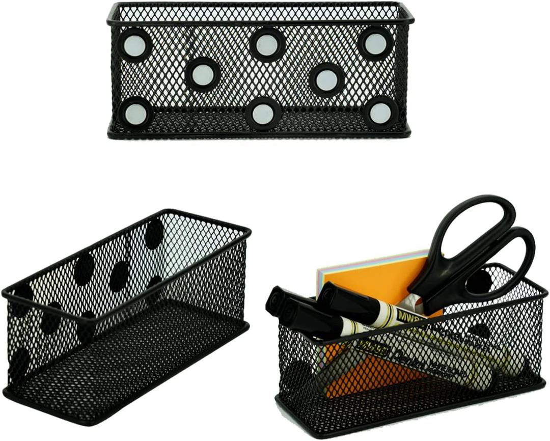 Neudeco Magnetic Locker Organizer and AccessoriesWire Mesh Magnetic Storage Basket ,Magnetic Holder for Dry Erase Markers,Strong Magnet Pen Holder for Fridge School,Pack 3 (Black)