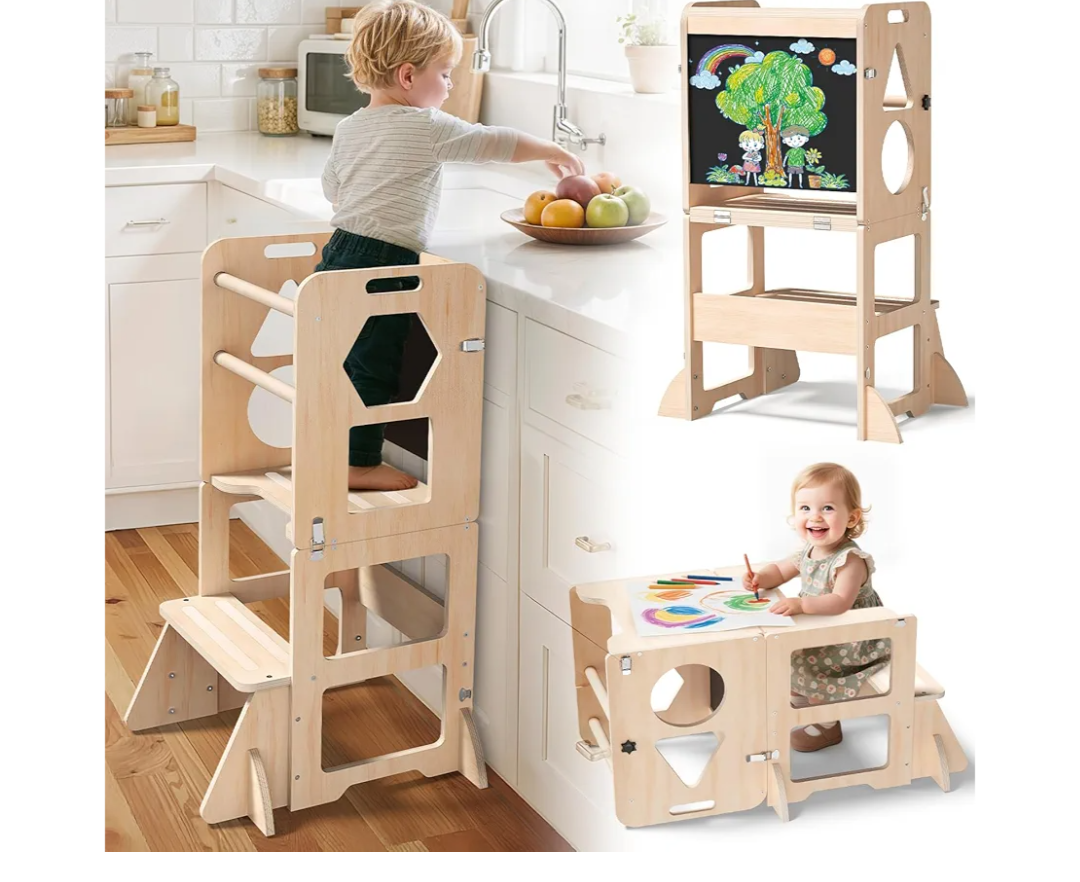 4-in-1 Toddler Kitchen Step Stool, Foldable Learning Standing Tower with Blackboard, Wooden Kitchen Stool Helper for Kids, 1-3 Year Old Boy Girl Gifts