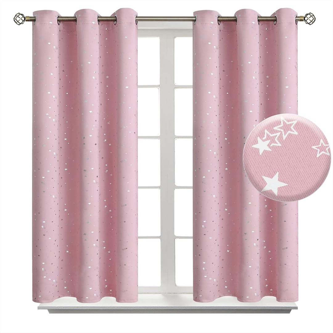 BGment Kids Blackout Curtains for Bedroom - Grommet Thermal Insulated Silver Star Print Room Darkening Curtains for Kids Room, Set of 2 Panels, 38 x 54 Inch, Baby Pink