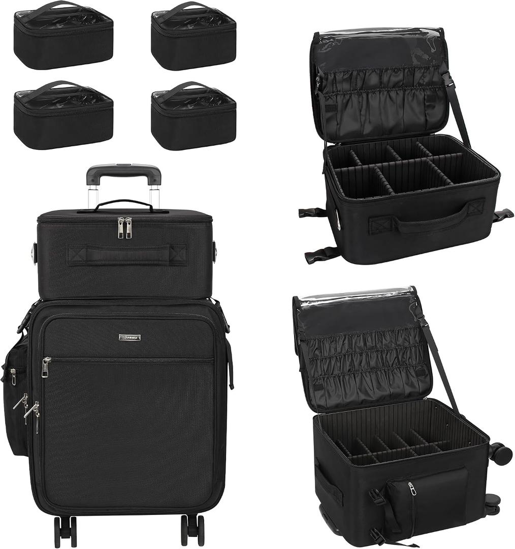 Relavel Rolling Makeup Case Professional Makeup Train Case, Makeup Artist Travel Bag with Wheels, 3-in-1 Portable Travel Beauty Trolley Case for Cosmetology Storage (Black)