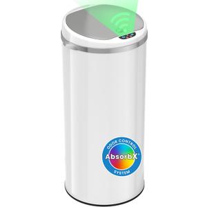 iTouchless 50 Liter / 13 Gallon Sensor Kitchen Trash Can with Odor Filter  Slim Round White Stainless Steel Automatic Garbage Recycling Bin for Home, Office, Business, Garage