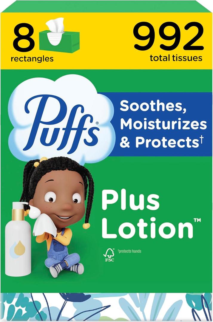 Puffs Plus Lotion Facial Tissues, 8 Family Boxes, 124 Facial Tissues per Box, Allergies and Colds
