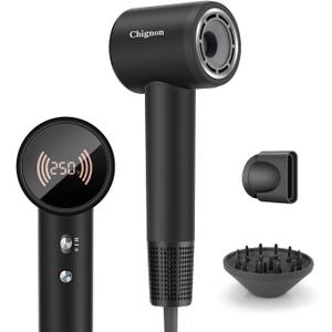 Chignon Ionic Hair Dryer with Diffuser - 110,000 RPM Brushless Motor, Smart Temperature Display & Magnetic Attachments, Low Noise 110V for Fast Professional Styling (Black)