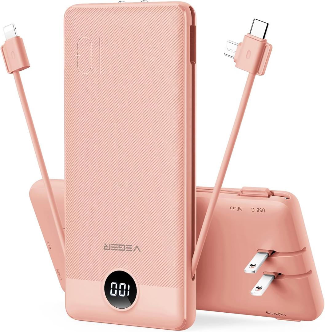 VEGER Portable Charger with Built-in AC Plug and Cables, All in One 10000mAh Ultra Slim Power Bank Travel Essentials, Fast Charging Battery Pack Compatible with iPhone, Samsung, More(Dark Pink)