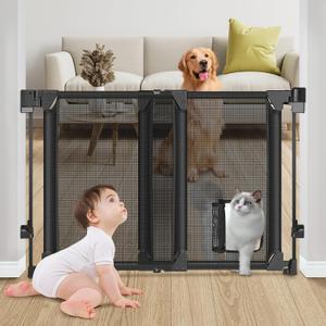 Upgraded 28-43" No Bottom Bar Baby Gate,Heavy-Duty Hardware Mount Dog Gate with Cat Door, Adjustable Baby Gate,for House/Stairs/Doorways Use, Safety Pet Gates, Walk Thru Door