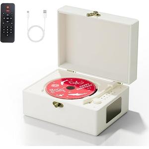 Yintiny Rechargeable Leather CD Player with Speakers, Bluetooth Transmitter, Festival Gift, BGM Player for Home Decor., white