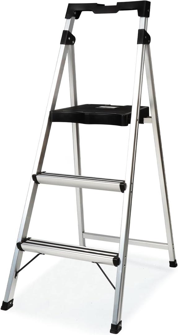 3 Step Ladder Folding Step Stool, 7.4 Lbs Aluminum Step Ladder Max Load 900lbs | Anti-Bump & Wide Non-Slip Pedal, Tool Tray, Safety Lock | Home, Office, Kitchen | Collapsible & Portable